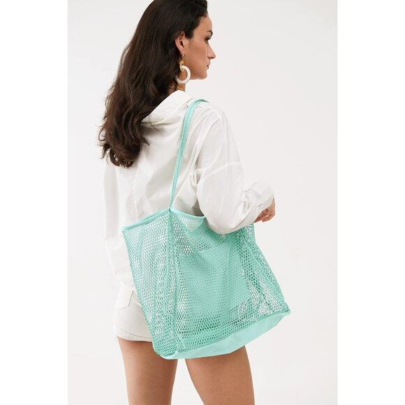 Women's Ice Blue Mesh Beach Nylon & Polyester No-closure Tote Shoulder Handbag - Picture 7 of 7